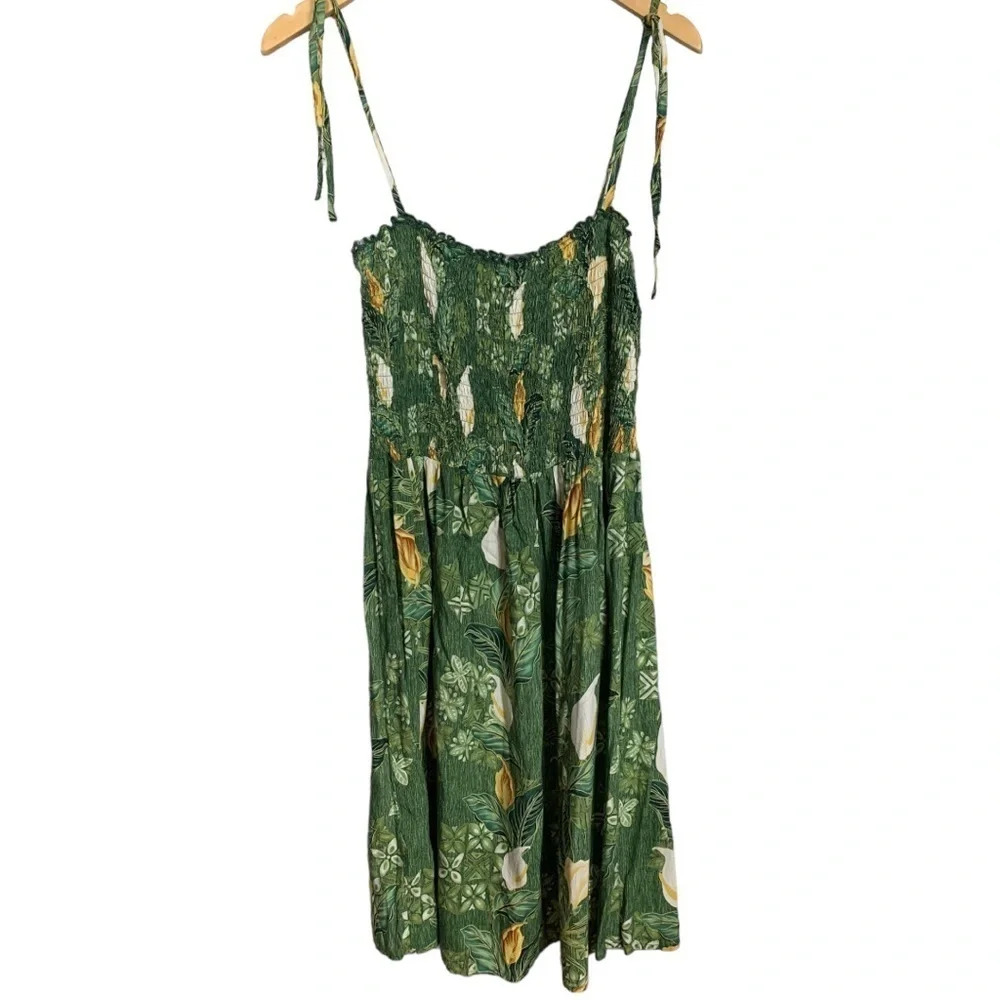 Aloha Hut Womens One Size Smocked Floral Hawaiian Dress Green Stretch Adjustable
